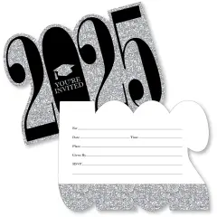 Big Dot of Happiness Silver 2025 Graduation Party Invitations - Shaped Fill-In Invite Cards with Envelopes - Set of 12