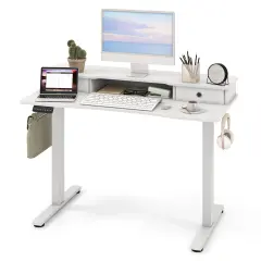 White Height Adjustable Electric Standing Desk with 2 Fabric Drawers
