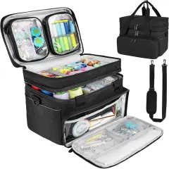Sewing Accessories Organizer Case with Shoulder Strap,Double Layer Sewing Storage Bag with 2 Detachable Pouches for Sewing Accessories and Supplies,Large Travel Sewing Box for Sewing kit Tools,Black