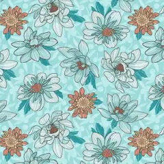 Aqua Dahlias at Dusk Floral Toss Cotton 44"/45" Fabric Per Yard
