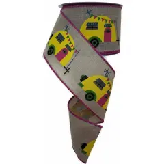 2.5" Summer Camper Ribbon: Lt Natural/Fuchsia (10 Yards)