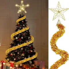 2 Pcs 33 ft Christmas Tinsel Garland Big LED Lighted Glittered Star