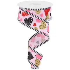 1.5" Multiple Pattern Hearts Stripe Ribbon: Pink (10 Yard)