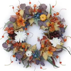 Autumn Wreath with Pumpkins, Silk Leaves & Purple Flowers Autumn - Fall Wreath