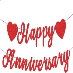 Red Glitter Happy Anniversary Banner - Pre-Strung Cardboard Letter Sign