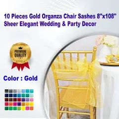 10 Pieces Gold Organza Chair Sashes 8"x108" Sheer Elegant Wedding & Party Decor