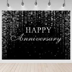 Black Silver Happy Anniversary Backdrop 7x5ft Silver Glitter