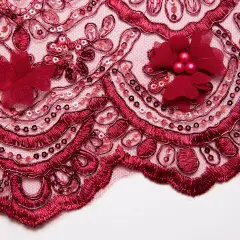 1 Yard Tulle Lace Fabric with 3D Embroidered Applique Design, 52&Prime; Wide Burgundy