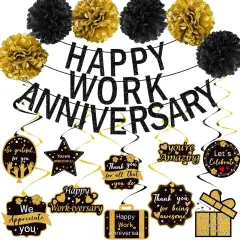 Happy Work Anniversary Decorations Black Gold, Happy Anniversary Banner