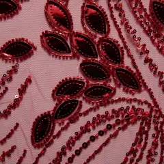 1 Yard Embroidered Tulle Lace Fabric with Sophisticated Pattern, 52&Prime; Wide Red