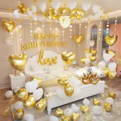 White and Gold Anniversary Decorations - Balloons, Banner, Rose Petals