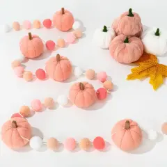 8.2Ft Fall Felt Pom Pom Banner Pink 3D Pumpkin Shape Felt Hanging Garland