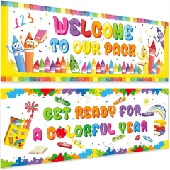 2 Pcs Crayon Welcome Banners 13.8x38.6 Inch Welcome to Our Pack Banner