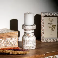 Decorative Wooden Centerpiece Candle Holder &ndash; Elegant Candle Stand for a Timeless Touch - 3.5 X 3.5 X 6"