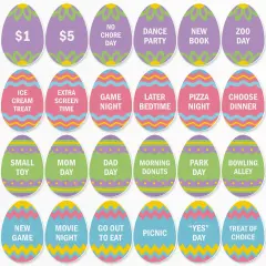 Big Dot of Happiness Hippity Hoppity Easter Egg Hunt Token Stuffers, 24 Count Egg Shape Filler Tokens with Rewards for Kids, Reusable Easter Activity, Egg Hunt Supplies