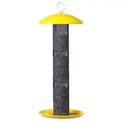 Yellow and Black Metal Mesh Tube Bird Feeder with Evenseed Tech, Perch and Surface Mount