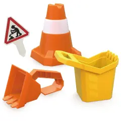Hape: Sand Construction Playset - 4pc Beach Toy Set, Digger Bucket, Bulldozer Shovel, Safety Cone, Indicator, Scoop & Dig, Water Play, Kids Ages 3+