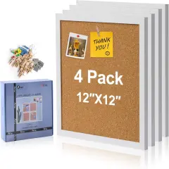 4 Pack Cork Bulletin Board with Push Pins and Wood Clips - 12x12 (White Framed)