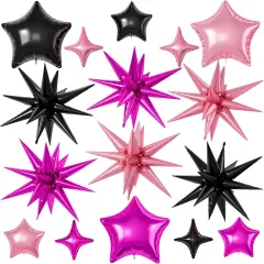 16 Pcs Black Hot Pink Star Balloons(Black Hot Pink)
