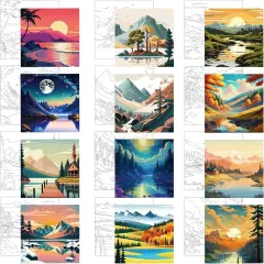 12 Pcs Pre Drawn Canvas for Painting - 8 x 8 Inch (Scenery)