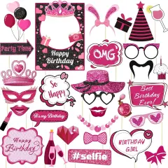 30 Pieces Hot Pink Girls Birthday Photo Booth Props Kit