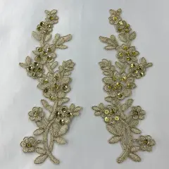 1 Pair Beaded & Corded Floral Lace Applique 10" x 2" Each Side Gold Metallic