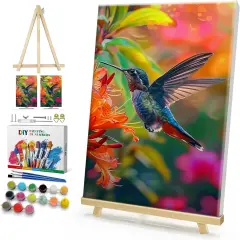 Framed Paint by Numbers Kit for Adults, Hummingbird Paint by Numbers Kit for Adults with Easel, DIY Flower Bird Paint by Number with Frame, Adult Paint by Number Kits Framed Canvas 8x12 Inch