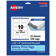 Avery Printable Perforated Rounded Rectangle Price Tags, Sure Feed Technology, 1-1/2" x 3", Glossy White Cardstock, Print-to-The-Edge, Laser/Inkjet Printable, 100 Total