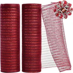 2 Rolls 10 Inch Deep Red Decorative Mesh Ribbbon Rolls, Fabric Mesh with Foil