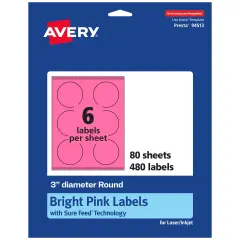 Avery Bright Pink Paper Labels, 3" Diameter Round