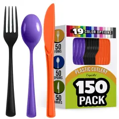 Exquisite Polished Plastic Silverware &ndash; 150 Pcs Heavy Duty Cutlery Set &ndash; 50 Each of Forks, Knives & Spoons &ndash; Disposable Utensil Set for Parties, Events & Catering &ndash; Flatware Set by Party Solids Halloween