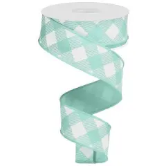 1.5" Diagonal Check On Royal Ribbon: Mint Green & White (10 Yards)