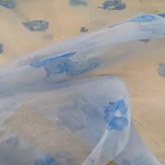 1 Yard Light Blue Organza Fabric with Dark Blue Flowers Sheer Lightweight Polyester 58/59 inches wide