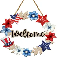 4th of July Decorations 4th of July Wreaths for Front Door Patriotic Wreath Fourth Wall Decor Memorial Day Wooden Welcome Sign Hanging Decor for Porch Wall Indoor Home Decor