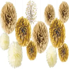 White Gold Champagne Tissue Paper Pom Poms Decor Hanging Tissue Flowers Poms Decorations Pack of 12 for Wedding, Birthday, Baby Shower ，Party Backdrop Decor ect. (12", 10", 8" Tissue Paper Flowers)