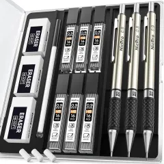 RG1000 0.9 mm Art Mechanical Pencil Set in Storage Case, 3 PCS Metal Drafting Pencil Lead Pencil with 6 Tube HB Refills, 3 Erasers, 9 PCS Eraser Refills for Artist Writing, Drawing, Sketching