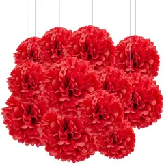 12pcs Red Paper Pom Poms Decorations for Party Ceiling Wall Hanging Tissue Flowers Decorations - 1 Color of 12 Inch, 10 Inch