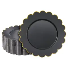50 Pack Black Plastic Plates, 9 Inch Disposable for Party Supplies, Wedding, Gold Foil Scalloped Edges