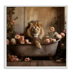 Stupell Industries Lion in Flower Filled Tub Framed Giclee Art White Frame
