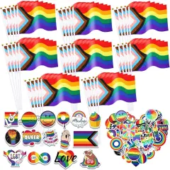 40 Pack Progress Rainbow Pride Flag Set - Small Handheld Gay Flag for Parades & Festivals, 50 LGBTQ Stickers 40 Gay Flags