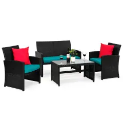 Best Choice Products 4-Piece Outdoor Wicker Patio Conversation Furniture Set w/ Table, Cushions Black/Teal