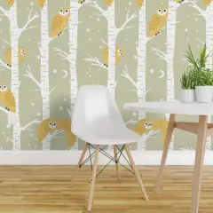 Peel & Stick Wallpaper 2FT Wide Woodland Trees Owls Moon Stars Nursery Baby Kids Nature Birch Sage Yellow Gender Neutral Forest Animals Creature Birds Crescent Custom Removable Wallpaper by Spoonflower