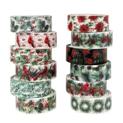 Wrapables Christmas Holiday Washi Tape for Scrapbooking, Stationery, Diary, Card Making 12pcs, Festive Foliage