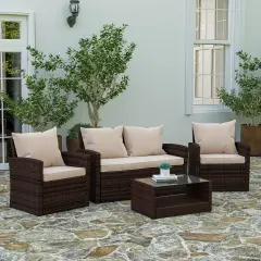 Merrick Lane Atlas 4 Piece Patio Set Contemporary Loveseat, 2 Chair and Coffee Table Set with Back Pillows and Seat Cushions Beige/BrownFrame