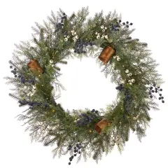 Christmas Mixed Mica Foliage with Blueberries and Harmony Bells 30in Wreath Pre-Lit with 35 LED Fairy Lights B/O