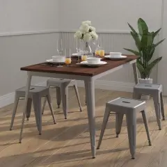 Merrick Lane Ardennes Rectangular Steel Frame Square Table With Wood Top Silver