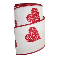 4" Embroidered Hearts Ribbon: White/Red (10 Yards)