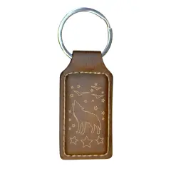 Keychain - Rectangle - Howling Wolf - Leather Rustic/Gold