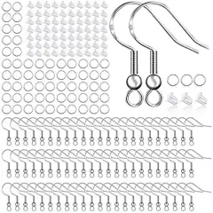 150 PCS/75 Pairs 925 Sterling Silver Earring Hooks ,Ear Wires Fish Hooks,500pcs Hypoallergenic Earring Making kit with Jump Rings and Clear Silicone Backs Stoppers (Silver)