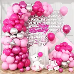 Pink and Silver Balloon Arch Kit (	Rose Red Pink)